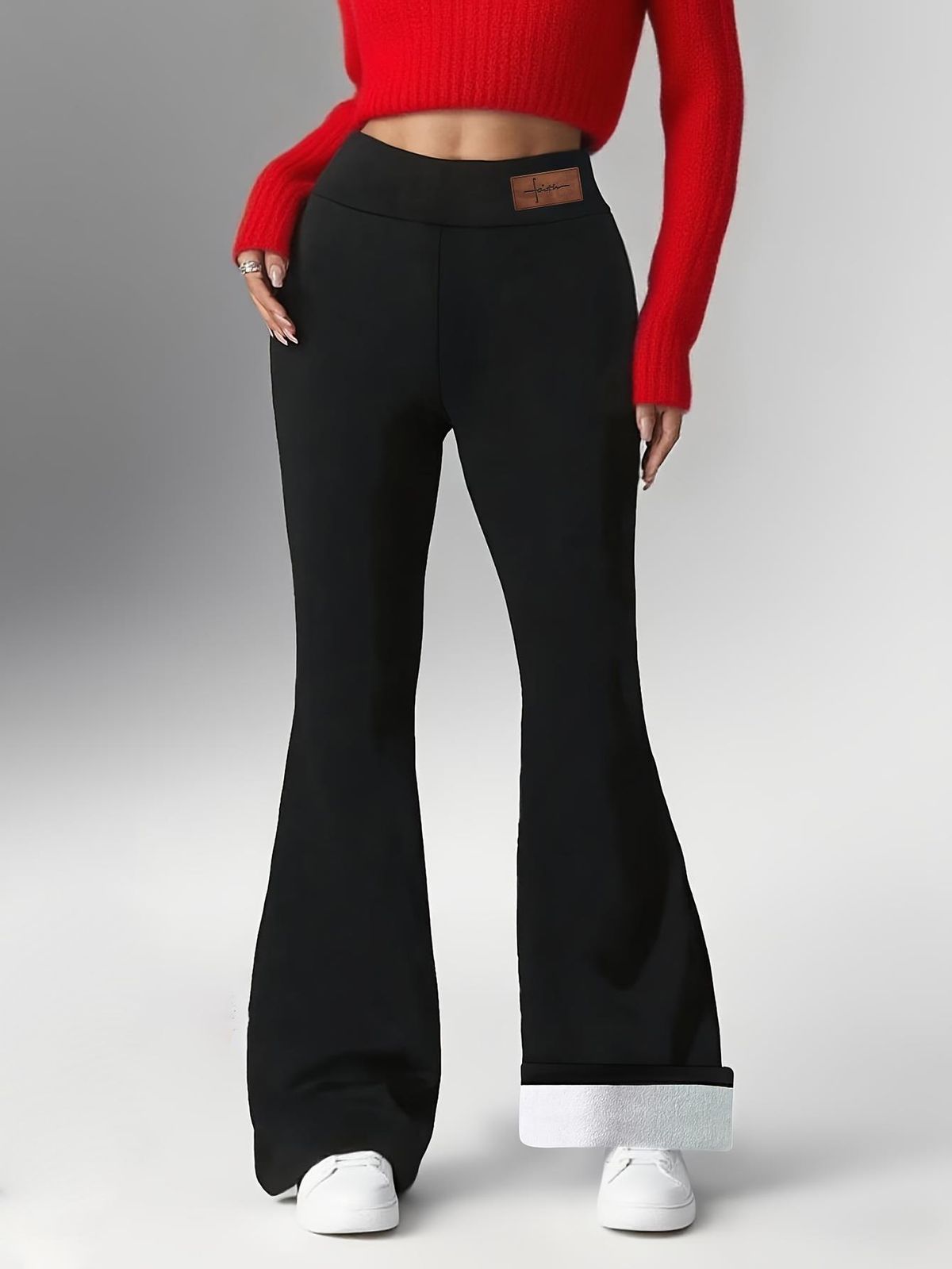 Women's Clothing Leather Label Fleece High Waist Flared Leg Pants With Shearling Fleece Lining - Stretchy, Warm & Slim Fit Winter Trousers_ecoleips.com