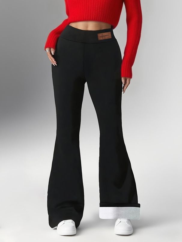 Women's Clothing Leather Label Fleece High Waist Flared Leg Pants With Shearling Fleece Lining - Stretchy, Warm & Slim Fit Winter Trousers_ecoleips.com