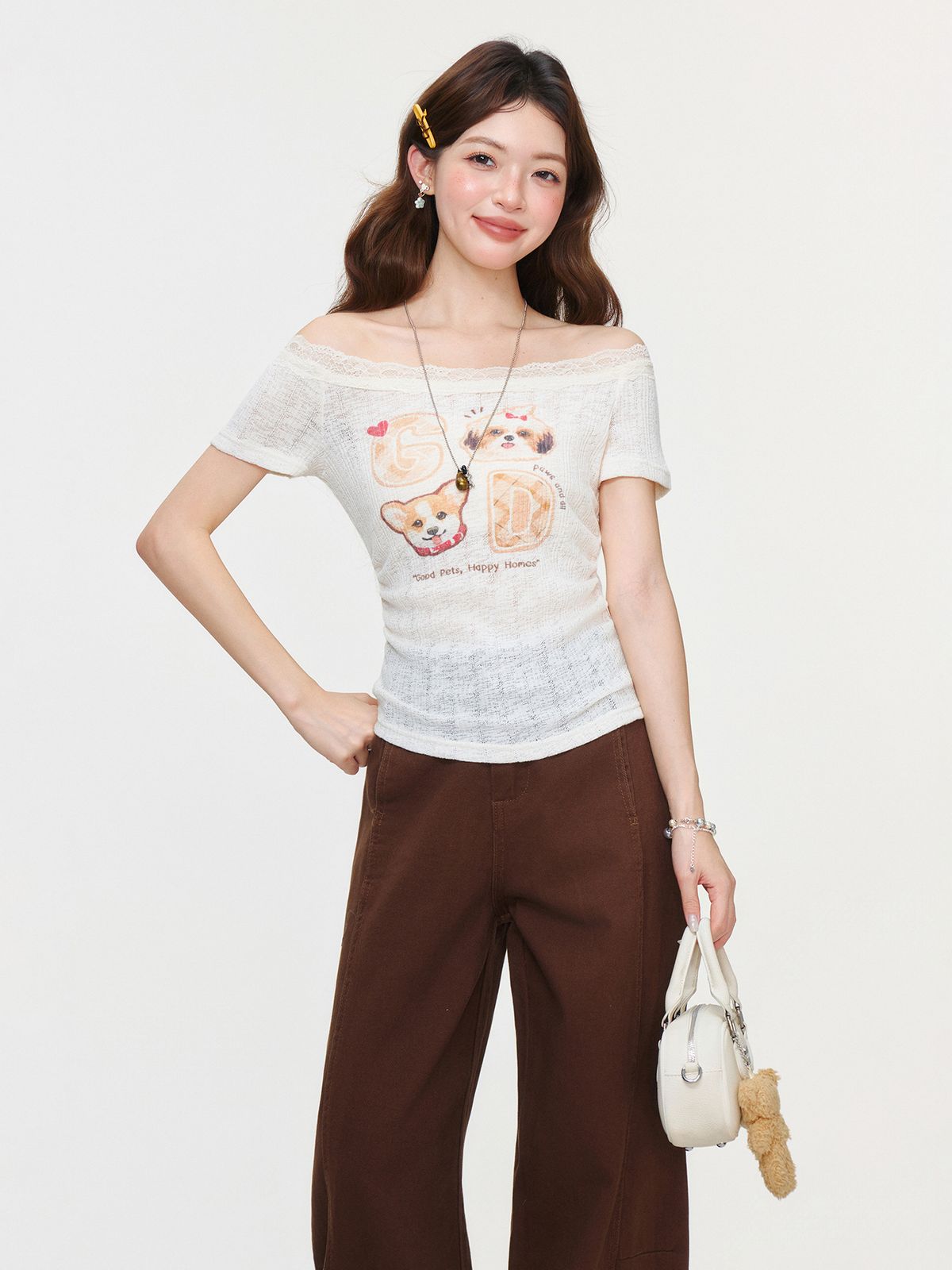 Purely Alluring Apricot Lace Short-Sleeve T-Shirt For Women, 2026 Summer Printed Ruched Waist-Cinching Off-Shoulder Top_ecoleips.com