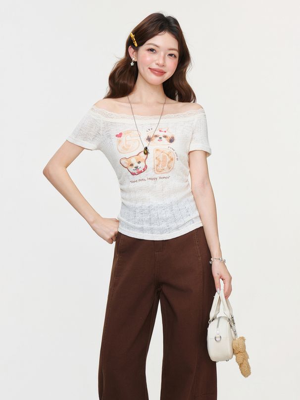 Purely Alluring Apricot Lace Short-Sleeve T-Shirt For Women, 2026 Summer Printed Ruched Waist-Cinching Off-Shoulder Top_ecoleips.com