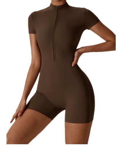 Women's Zippered Short-Sleeved Yoga Jumpsuit Summer European American Style Dance Fitness Tight Sportswear_ecoleips.com