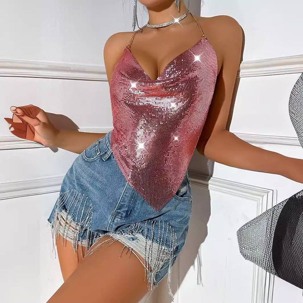Women's Clothing Sexy Backless Metal Chain Tube Top Sequin Top_ecoleips.com