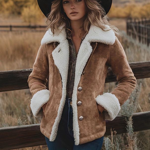 "Women's Western Patchwork Jacket – Vintage-Inspired Warm Fleece Lined Coat With Pockets"_ecoleips.com