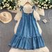 Women's Vintage Denim Lace-Up Camisole Dress Loose Slimming Ruffled Edge Midi Skirt Sweet Versatile Autumn Outfit_ecoleips.com