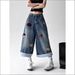 Women's Clothing Women's Distressed Puppy Embroidered Denim Shorts Retro Wide Leg Capri Pants Loose Fit For Spring And Autumn_ecoleips.com