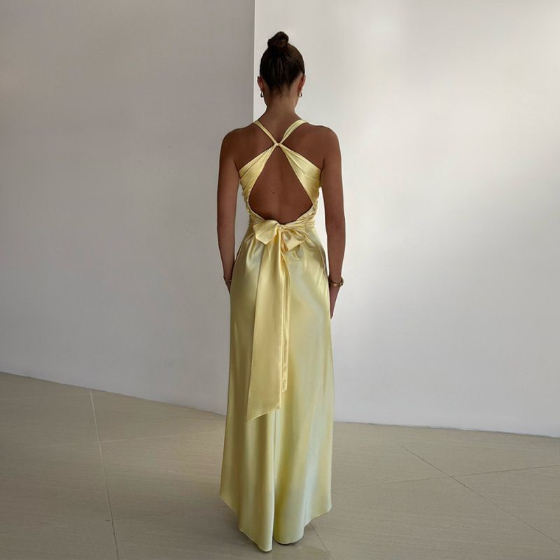 Women's Sexy V Neck Backless Lace Up Satin Maxi Dress – Elegant Party Evening Gown_ecoleips.com