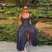 Women New Arrival Square Neck Denim Dress Button Front Slim Fit Slit Long Maxi Dress Sexy Y2K Street Fashion_ecoleips.com