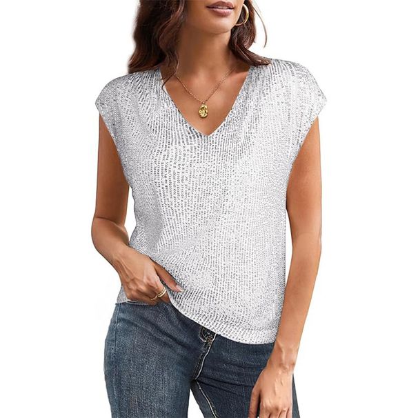 Women's Sparkly Sequined Vest Party Shirt V Neck Short Sleeved Blouse_ecoleips.com