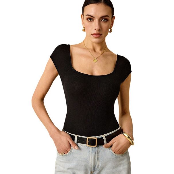 Voya Women's French Temperament Summer New Style Retro Hepburn Style Square Neck Short Sleeved Backless Knitted Top Jumpsuit For Women_ecoleips.com