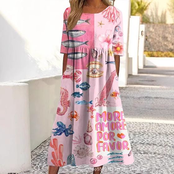Women's Crew Neck Short Sleeve Midi Striped Style Dress Print Summer Women_ecoleips.com