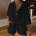 Linen-Cotton Blend Summer Two-Piece Set For Women – Button-Down Shirt With Tie-Waist Shorts In Classic Colors (S-XXL)_ecoleips.com