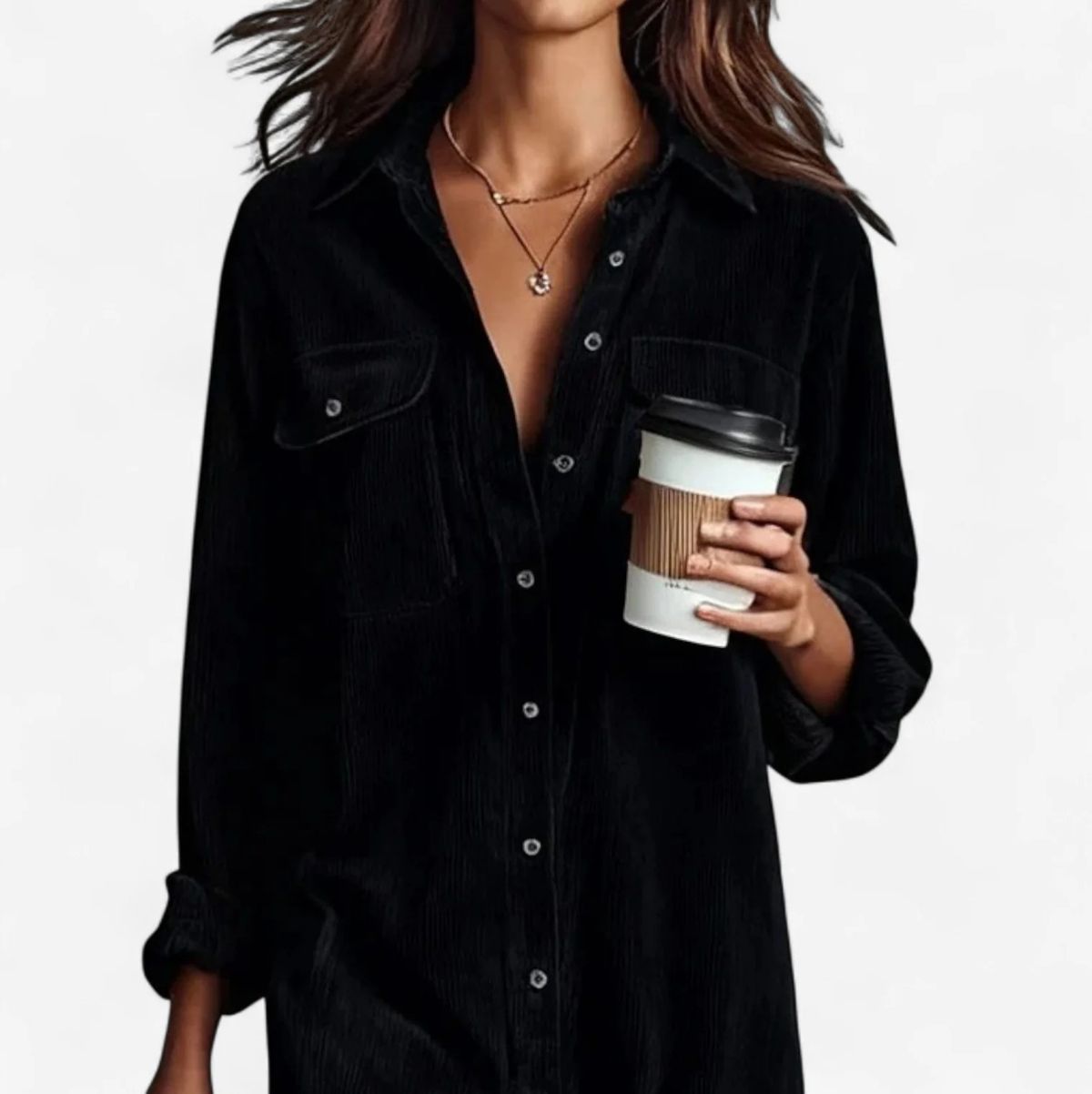 Corduroy Shirt Dress With Double Pockets – Classic & Stylish Mid-Length Dress_ecoleips.com