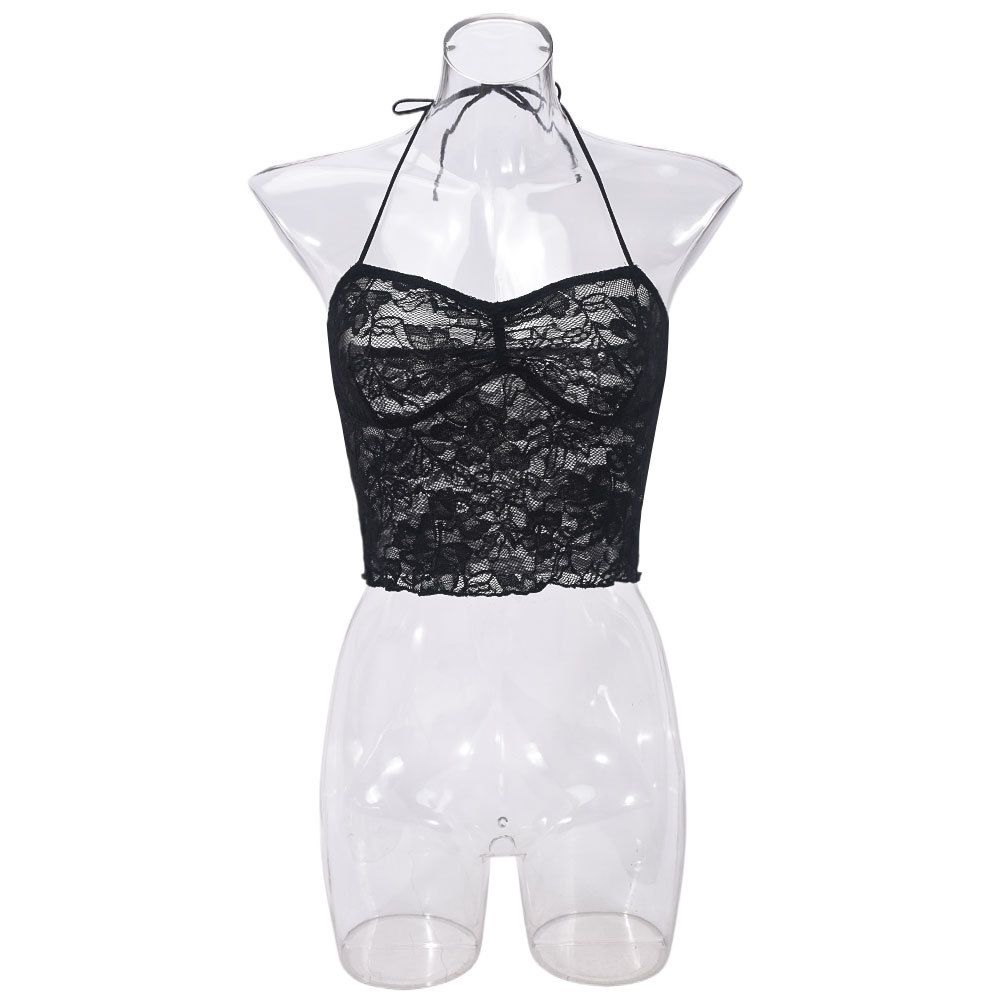 Sexy Lace Bralette Top - Sheer Mesh Backless Camisole With Tie Detail | Floral Pattern, Stretchy & Breathable | Clubwear (Black, S/M/L)_ecoleips.com