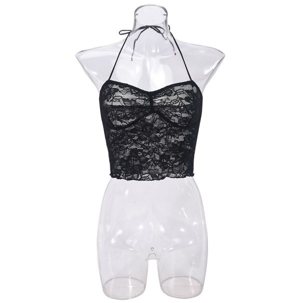 Sexy Lace Bralette Top - Sheer Mesh Backless Camisole With Tie Detail | Floral Pattern, Stretchy & Breathable | Clubwear (Black, S/M/L)_ecoleips.com