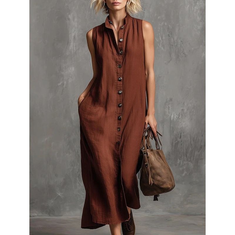 Solid Color Stand Collar Button Design Sleeveless Loose Cotton Linen Casual Dress For Women Daily Leisure Wear_ecoleips.com