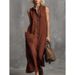 Solid Color Stand Collar Button Design Sleeveless Loose Cotton Linen Casual Dress For Women Daily Leisure Wear_ecoleips.com