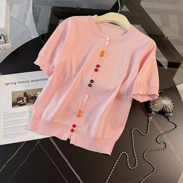 Women's Clothing New Summer Style Round Neck Colorful Button Sweater Short Sleeve Denim Skirt Two Piece Suit_ecoleips.com