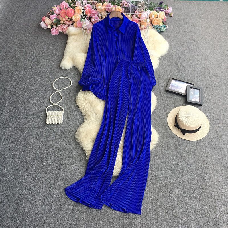 Women's Fashion Clean Color Shirt Two-piece Set Of High Waist Vertical Vertical Wide Leg Pants_ecoleips.com