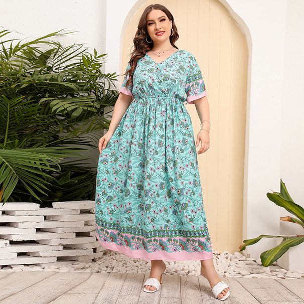 Women's Clothing Plus Size Flower Short Sleeve Big Swing Dress Loose V Neck Travel Holiday Style Long Skirt Beach Dress_ecoleips.com