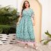 Women's Clothing Plus Size Flower Short Sleeve Big Swing Dress Loose V Neck Travel Holiday Style Long Skirt Beach Dress_ecoleips.com