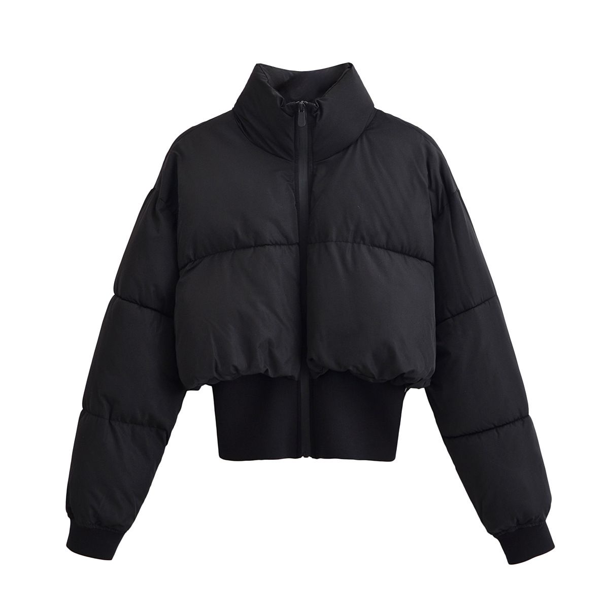 Sleek Black Quilted Jacket For Women – Stand Collar, Slim Fit Waist, Polyester-Filled Winter Coat (XS-L)_ecoleips.com