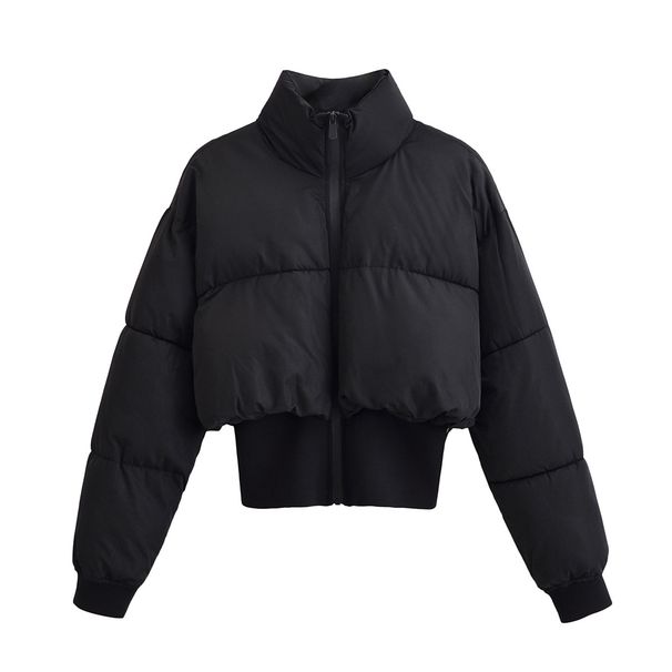 Sleek Black Quilted Jacket For Women – Stand Collar, Slim Fit Waist, Polyester-Filled Winter Coat (XS-L)_ecoleips.com