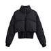 Sleek Black Quilted Jacket For Women – Stand Collar, Slim Fit Waist, Polyester-Filled Winter Coat (XS-L)_ecoleips.com