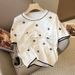Women's Clothing Summer New Fashion Simple Jacquard Short Sleeved Knitted Top Loose Round Neck Thin Ice Silk Shirt_ecoleips.com