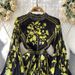 Palace Style Retro Print Stand Collar Lantern Sleeve Dress For Women Summer New Waist Slim Pleated Long Skirt_ecoleips.com