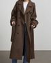 Long V-Neck Double-Breasted Trench Coat, Oversized Polyester Duster Jacket For Work & Casual (Black/Brown, S/M/L)_ecoleips.com