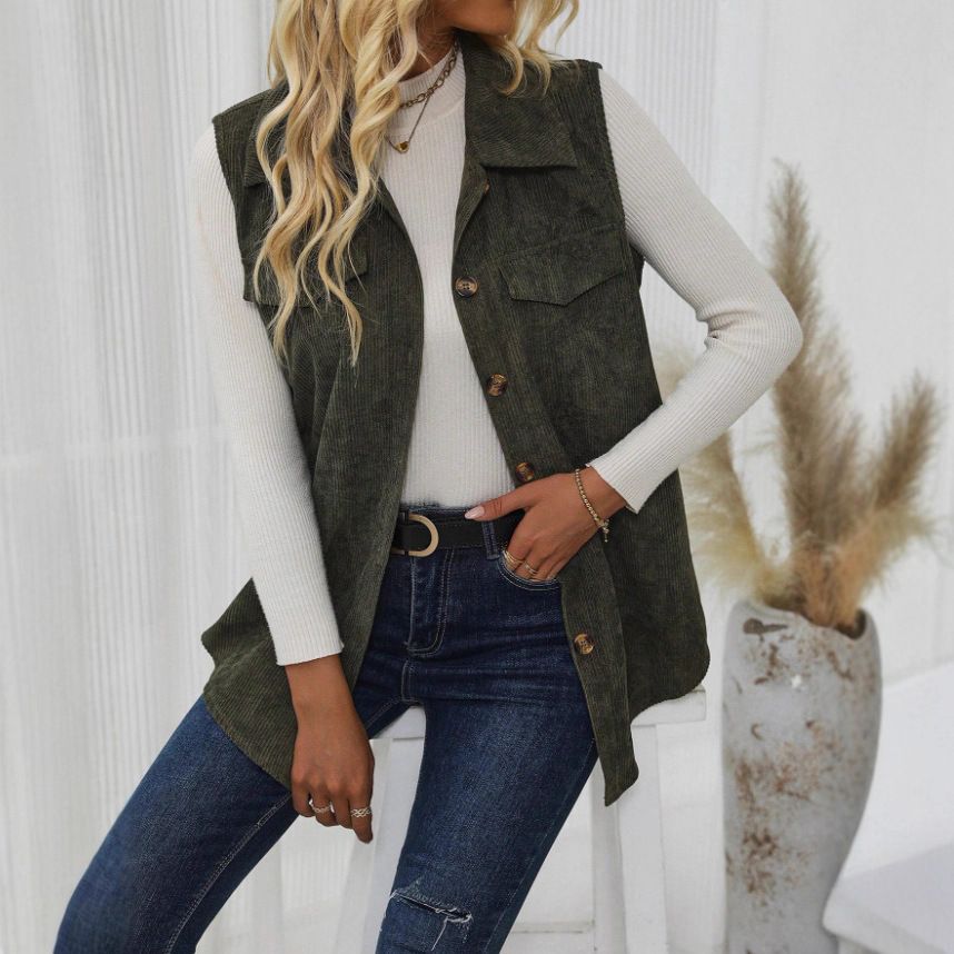 Women's Clothing Detail Button Stylish Corduroy Vest With Flap Detail Buttons - Casual Commuter Layering Piece For All Seasons (Olive Green, S/M/L/XL)_ecoleips.com