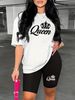 Summer Women's Casual Fashion Queen Letter Graphic Print Loose T-shirt Shorts Two-piece Set Sportswear Suitable For Daily Wear-156_ecoleips.com