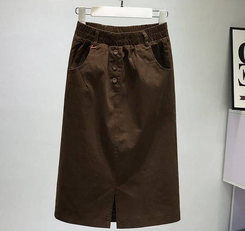 Washed Cotton Midi Skirt for Women Relaxed Fit Korean Style Casual A-Line Skirt with Elastic Waistband_ecoleips.com