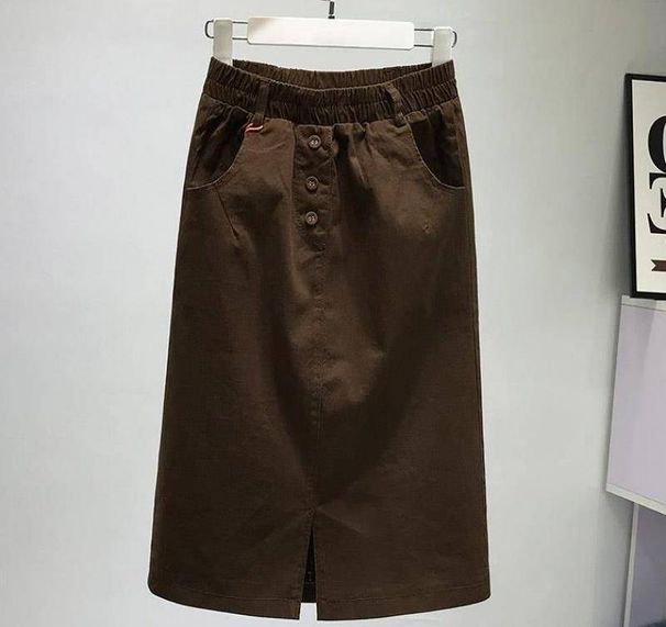 Washed Cotton Midi Skirt for Women Relaxed Fit Korean Style Casual A-Line Skirt with Elastic Waistband_ecoleips.com