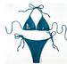 Teal Ribbed Triangle String Bikini Set Women Halter Tie Side Thong Bikini 2 Piece Swimsuit Summer Beach Bathing Suit_ecoleips.com