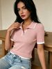 Women Ribbed Knit Polo Short Sleeve Top, Lightweight Breathable Hollow Knit Blouse Loose Fit Soft Skin Friendly Shirt_ecoleips.com