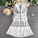 Women's Bohemian Style Embroidered Dress Three Quarter Sleeve Tie Waist Slimming over the Knee Long Skirt Summer Style_ecoleips.com