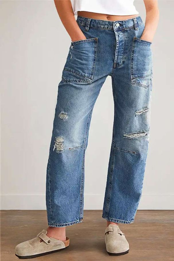 Spot 2025 new European and American cross border retro ripped straight pants casual stitching trousers loose jeans women_ecoleips.com