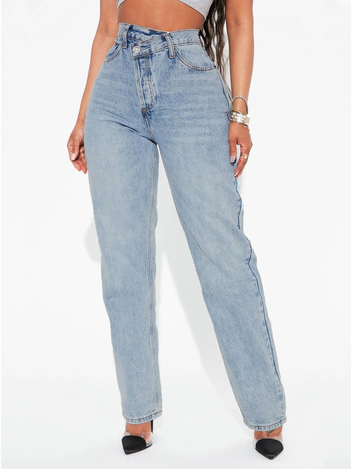 Women's Clothing Oblique Waist Retro Heavy Washing Straight Denim Trousers_ecoleips.com