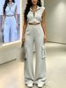 Women's Clothing Spring Summer Two Piece Set Collared Zip Up Cropped Sleeveless Top Elastic Waist Cargo Pants_ecoleips.com