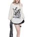 Women's Y2K Graffiti Print Off-Shoulder Long-Sleeve Top | Ripped Loose Asymmetric Blouse_ecoleips.com