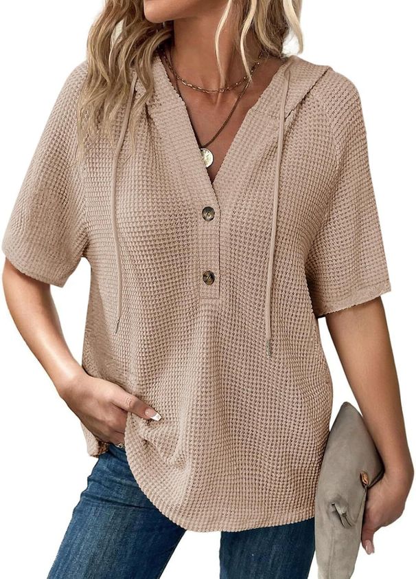 Women's Summer Waffle Knitted Short-Sleeved Top, Lightweight Drawstring Hoodie, Button-Down V-Neck Shirt_ecoleips.com