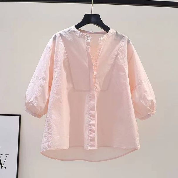 Women's Clothing Sleeve Cotton Shirt Women's Loose Design Casual Shirt Summer Literary Style Light Blue Top_ecoleips.com