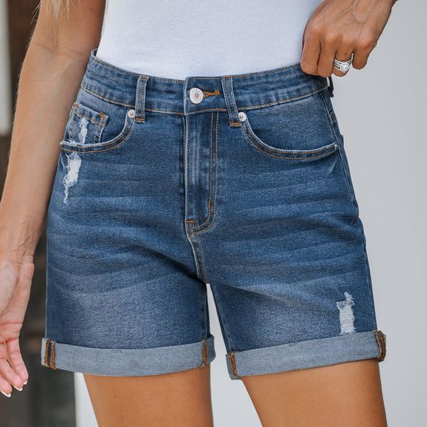 Women's Clothing Summer New Straight Slim Fit Worn Hem Denim Shorts_ecoleips.com