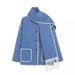 Women’s Fashion Wool-Like Coat – Oversized Tweed Jacket With Scarf & Fringe, Elegant U-Neck, Long Sleeve, Boho Chic_ecoleips.com
