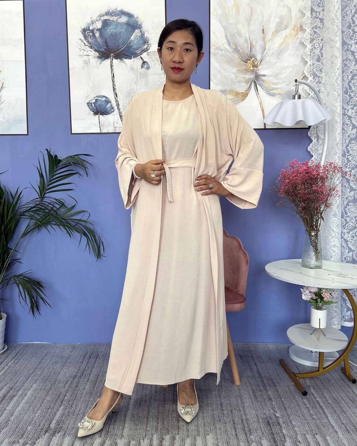Verve 2025 New Dubai Turkish Muslim Women's Dress Cardigan Robe Inner Two-Piece Set_ecoleips.com