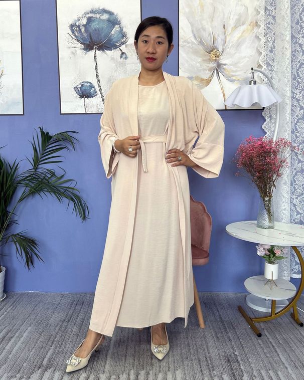 Verve 2025 New Dubai Turkish Muslim Women's Dress Cardigan Robe Inner Two-Piece Set_ecoleips.com
