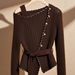 Women's Asymmetrical Off-Shoulder Sweater – Chic Ribbed Knit Top With Waist Definition (Long Sleeve, Polyester Blend, S-XL, Coffee Brown)_ecoleips.com