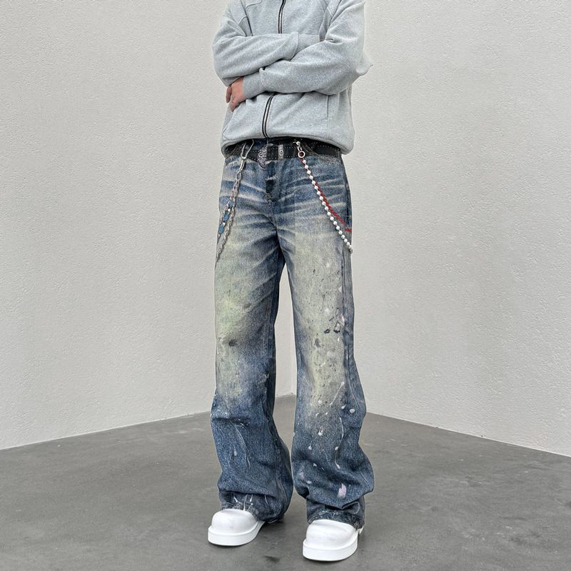 Women's Clothing 3D Printed Straight Loose Ink Splashed Print High Distressed Jeans_ecoleips.com