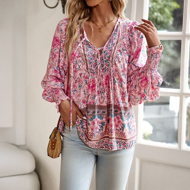 Voya Women's European And American Autumn Winter Bohemian Vacation Style Rayon Printed Tie Long Sleeve Top Shirt_ecoleips.com